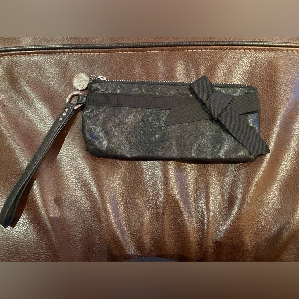 Lindsay Phillips Black Shimmer Wristlet Clutch Bow Accent